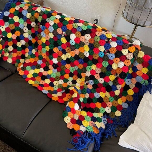 Vintage Afghan Blanket 55 x 36.5 Yo-Yo Puff Fringe Rainbow Colored Crochet Throw - Picture 3 of 10